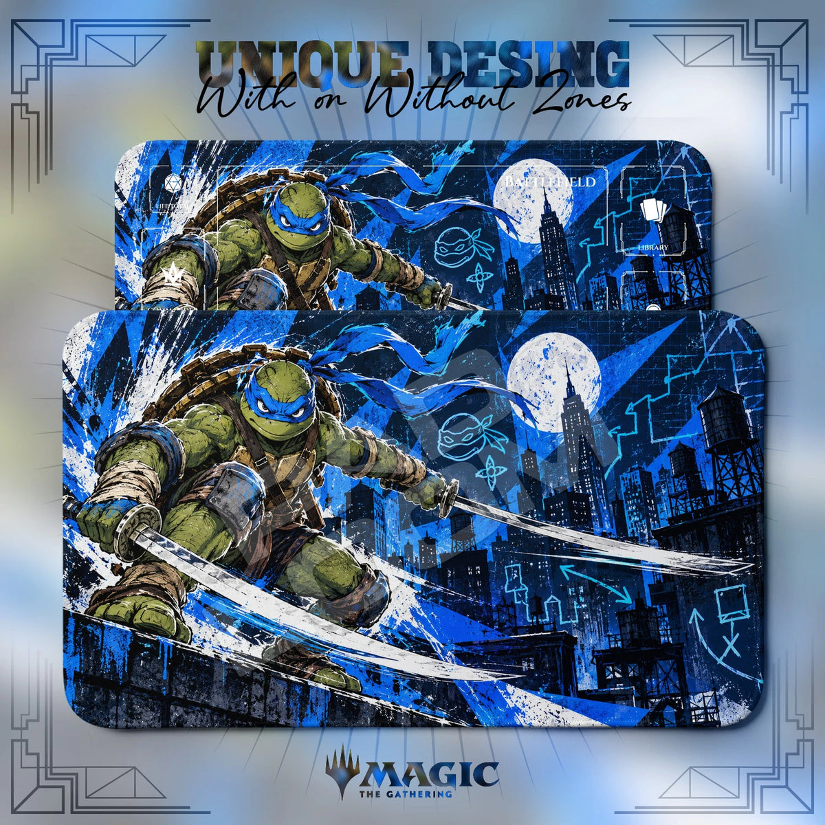 Leonardo Rooftop TMNT MTG playmat shown with zones and without zones