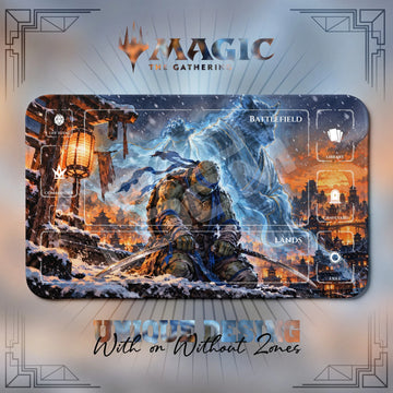 Leonardo & Splinter Snow TMNT MTG playmat, blue and orange art with play zones, 24 x 14 in