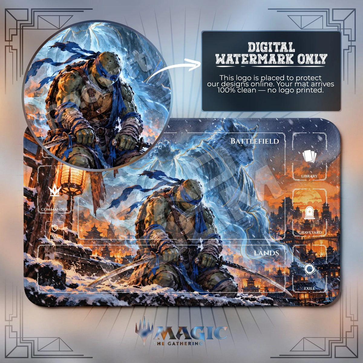 Leonardo & Splinter Snow TMNT MTG playmat with zones; the Padloom watermark is digital only, not printed