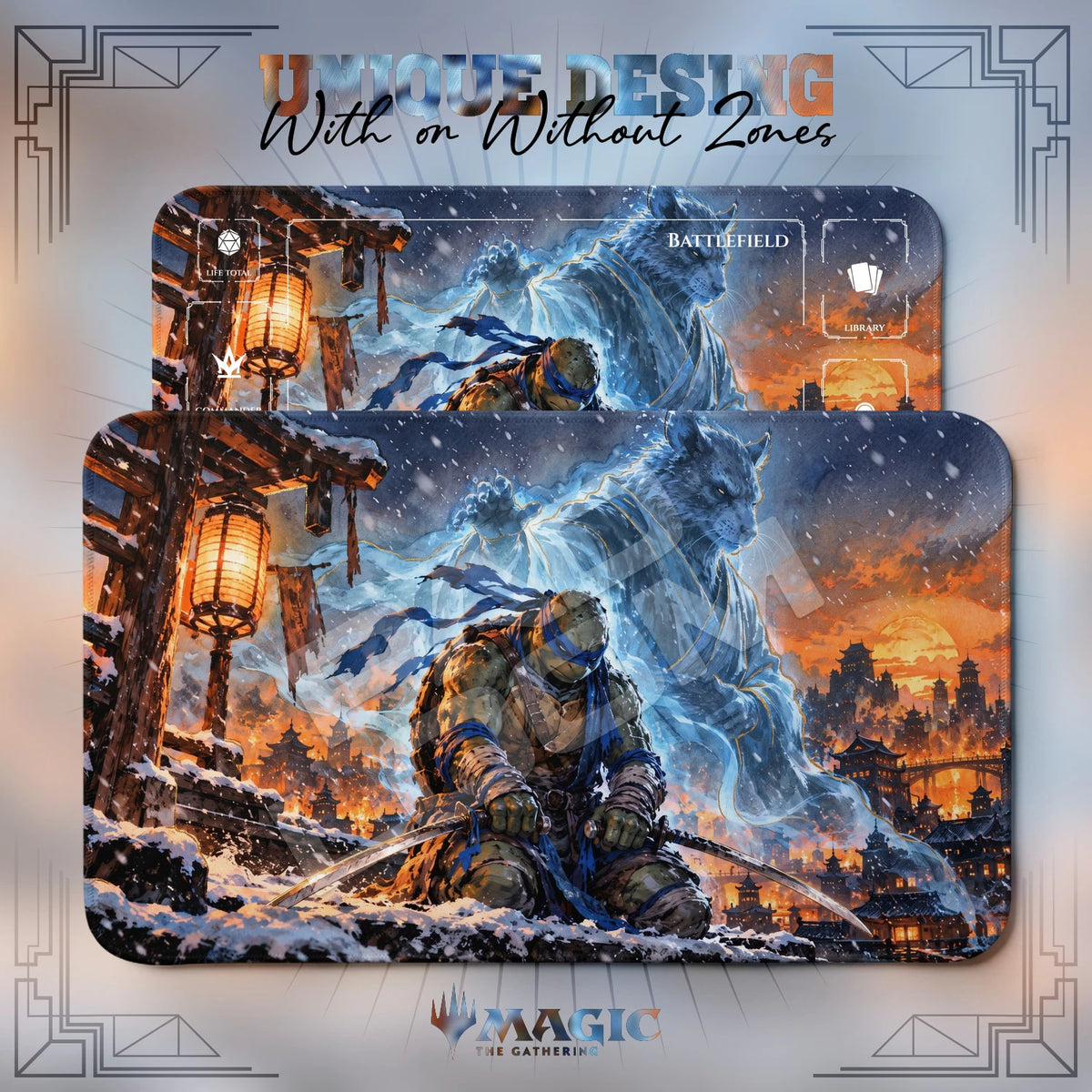 Leonardo & Splinter Snow TMNT MTG playmat shown with zones and without zones