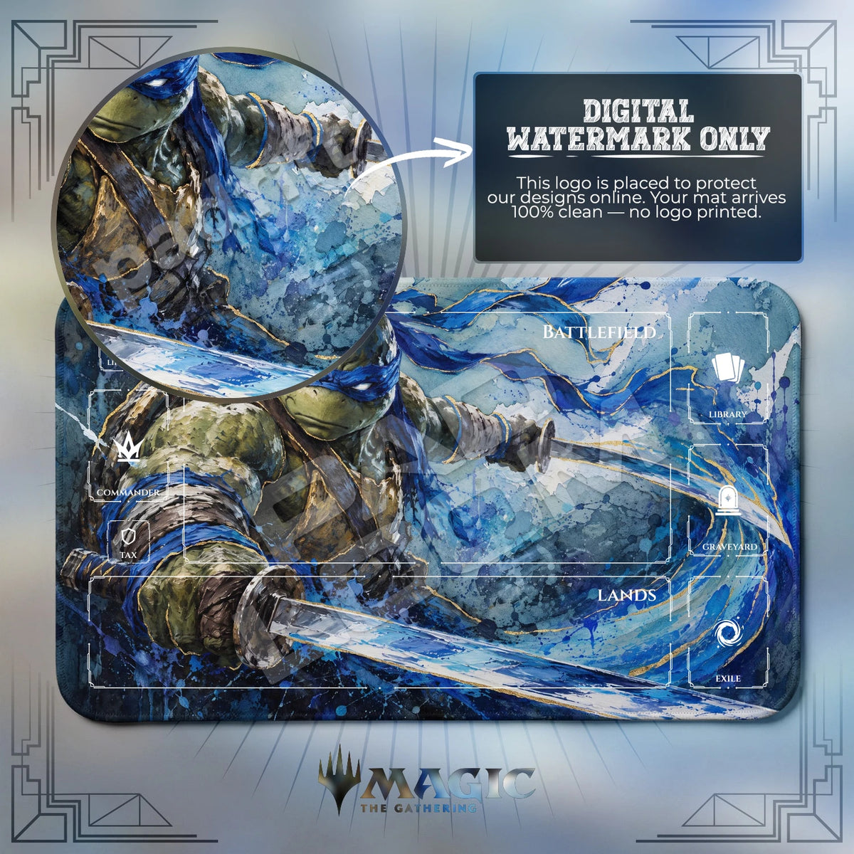 Leonardo Wave TMNT MTG playmat with zones; the Padloom watermark is digital only, not printed