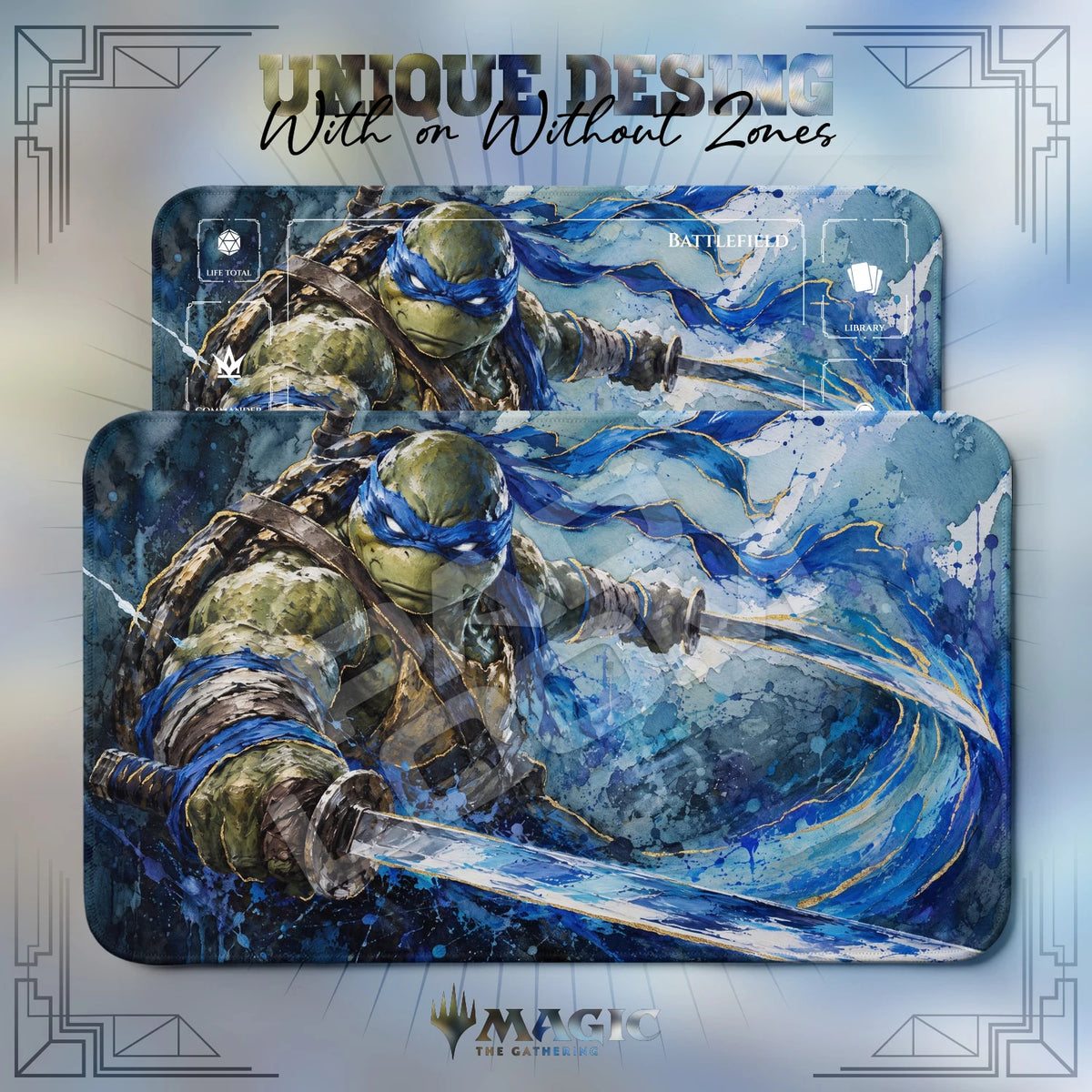 Leonardo Wave TMNT MTG playmat shown with zones and without zones