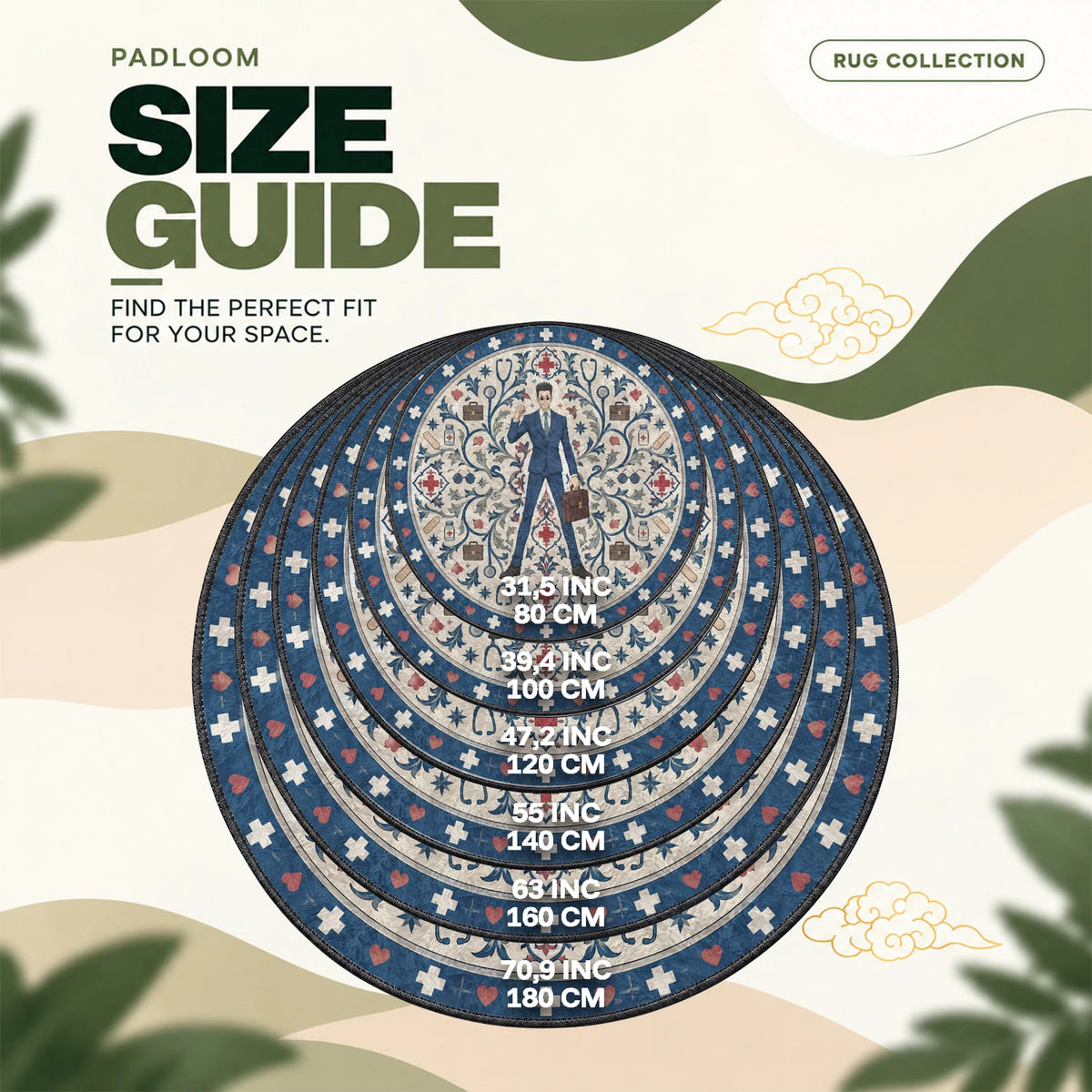 Leorio Briefcase round rug size guide, 80 to 180 cm (31.5 to 70.9 in)