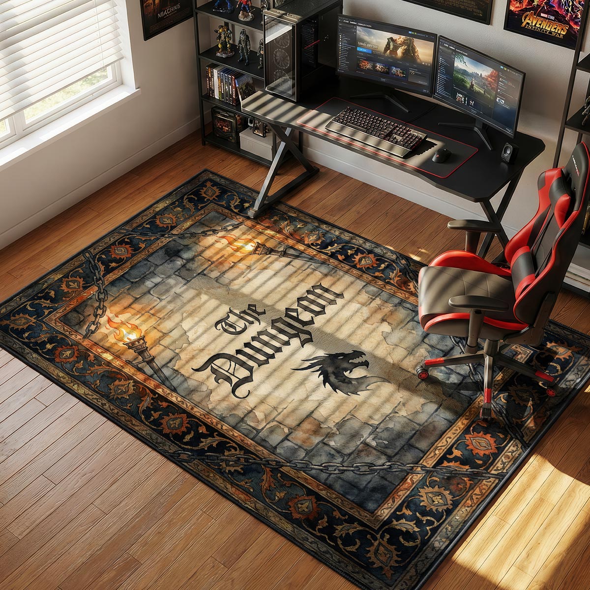 Level Up rug placed in a bright gaming room with green LED accents and gold decor