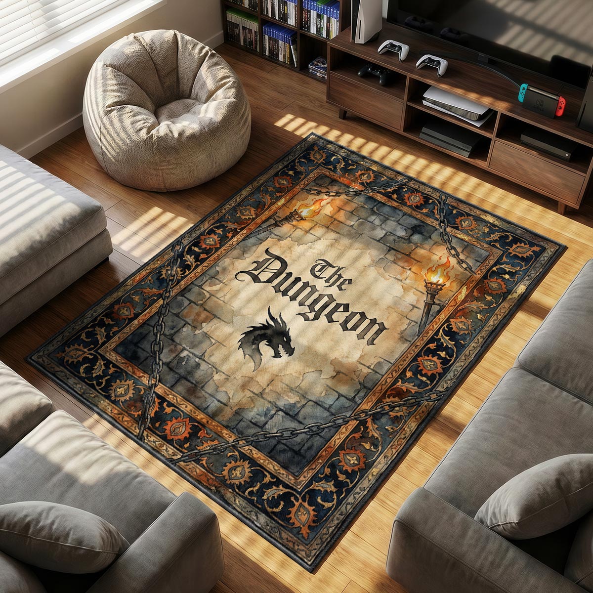 Close-up of Level Up rug showing mosaic tile arrow and XP orb glow on velvet surface