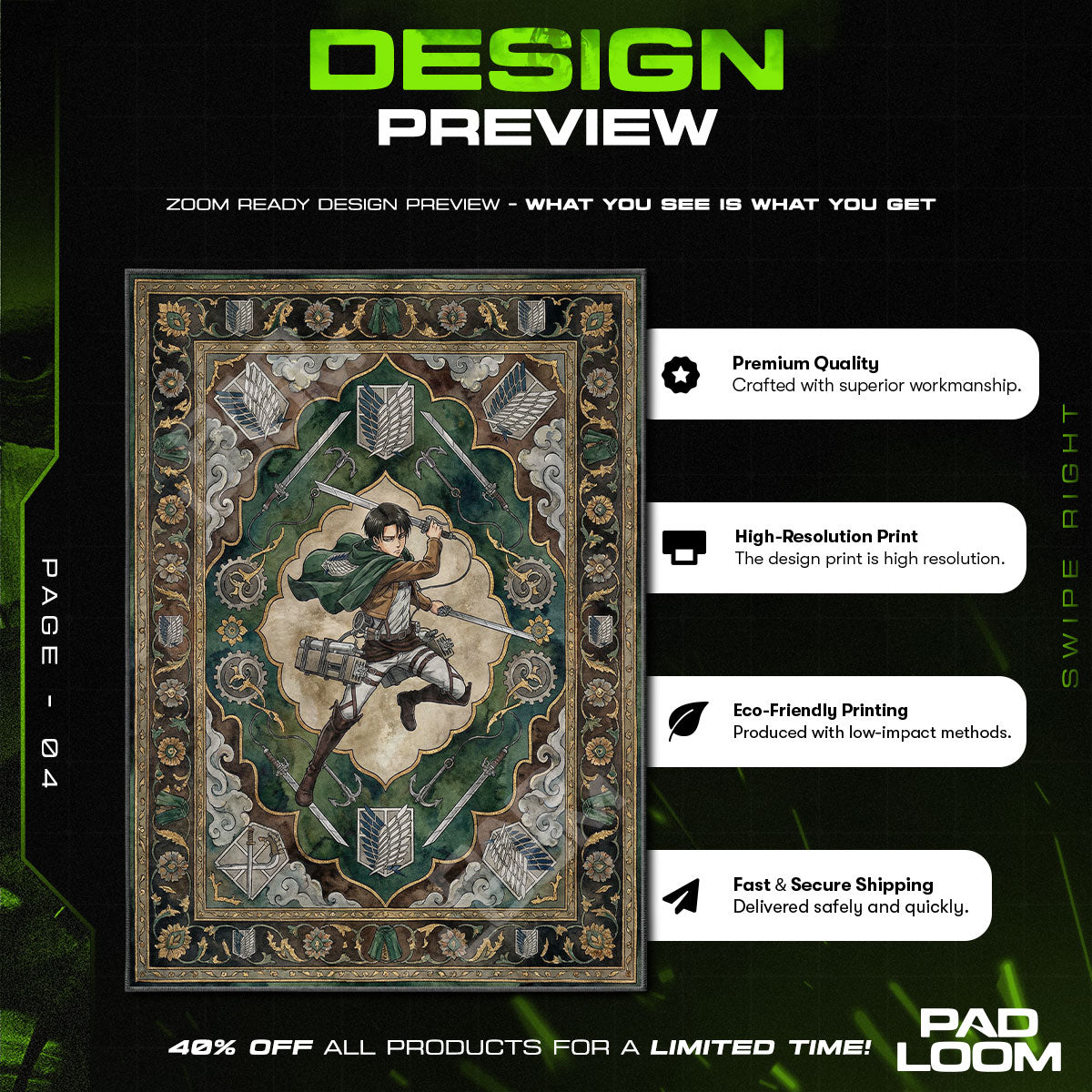 Levi Ackerman Action Rug - Attack on Titan Chair Mat