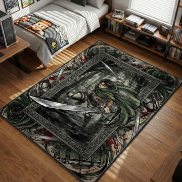 Captain Levi Ackerman from Attack on Titan flying through a dark forest with ODM gear and dual blades, framed by gas canisters and blood splatter effects on a rectangular rug.