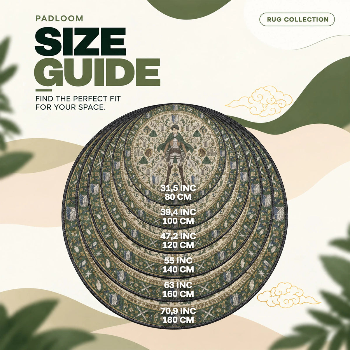 Levi Heraldic round rug size guide, 80 to 180 cm (31.5 to 70.9 in)