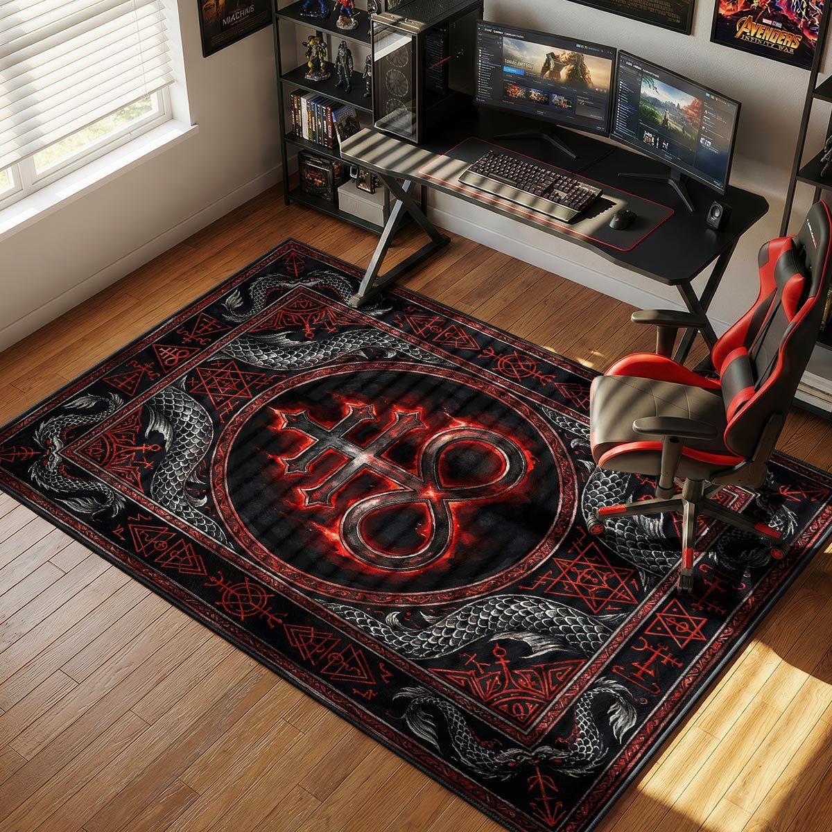 Leviathan cross dragon rug placed in a dark gaming room with red LED lighting