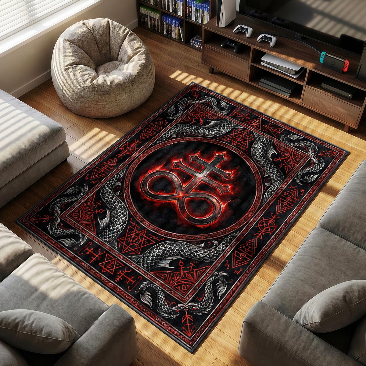 Detail of Leviathan cross rug showing dragon scale texture and fire effect on plush surface
