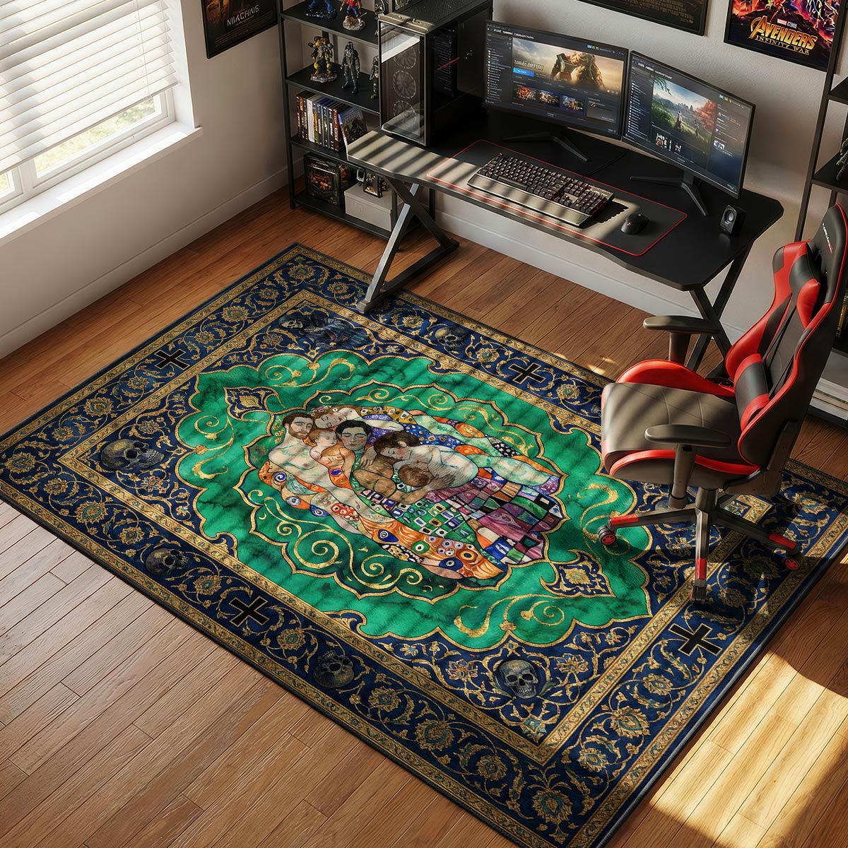 Life and death rug placed in a dark study with leather armchair and warm candlelight
