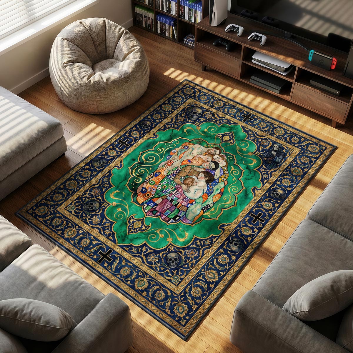 Close-up of life and death rug showing patchwork robe detail and gray skull corner on plush fiber