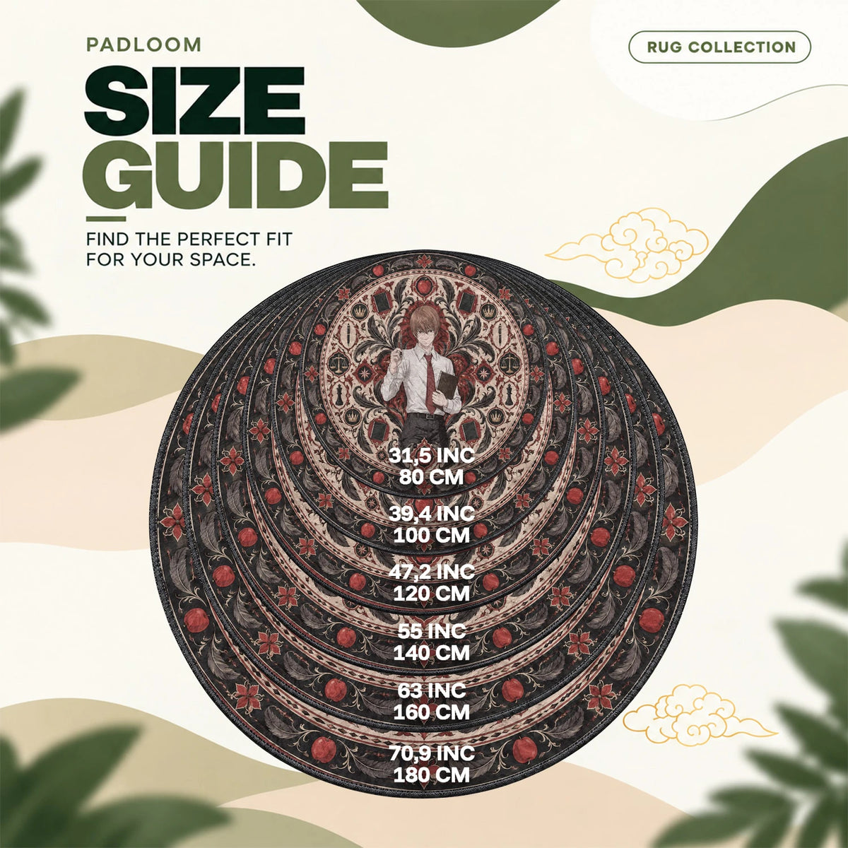 Light Yagami Apple round rug size guide, 80 to 180 cm (31.5 to 70.9 in)