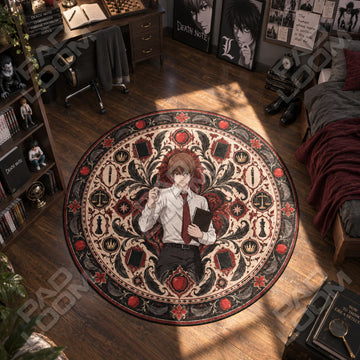 Light Yagami Apple Death Note round rug on a bedroom floor - Death Note chair mat