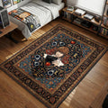 Light Yagami holding a death note book and apple surrounded by scales of justice and handcuffs in ornate vintage art style area rug and floor mat