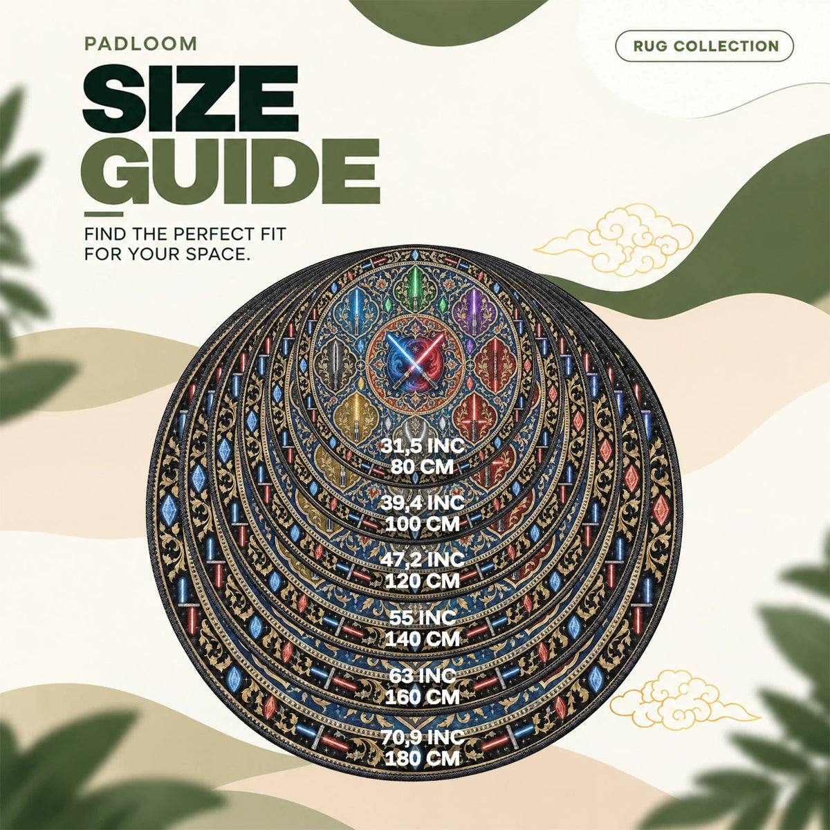 Lightsaber Medallion round rug size guide, 80 to 180 cm (31.5 to 70.9 in)