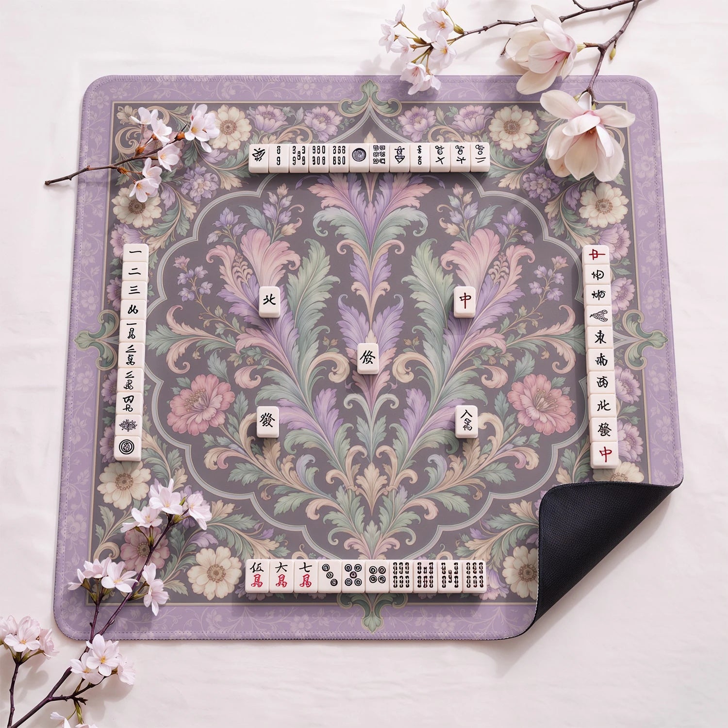 Lilac Damask design close-up on mahjong mat surface