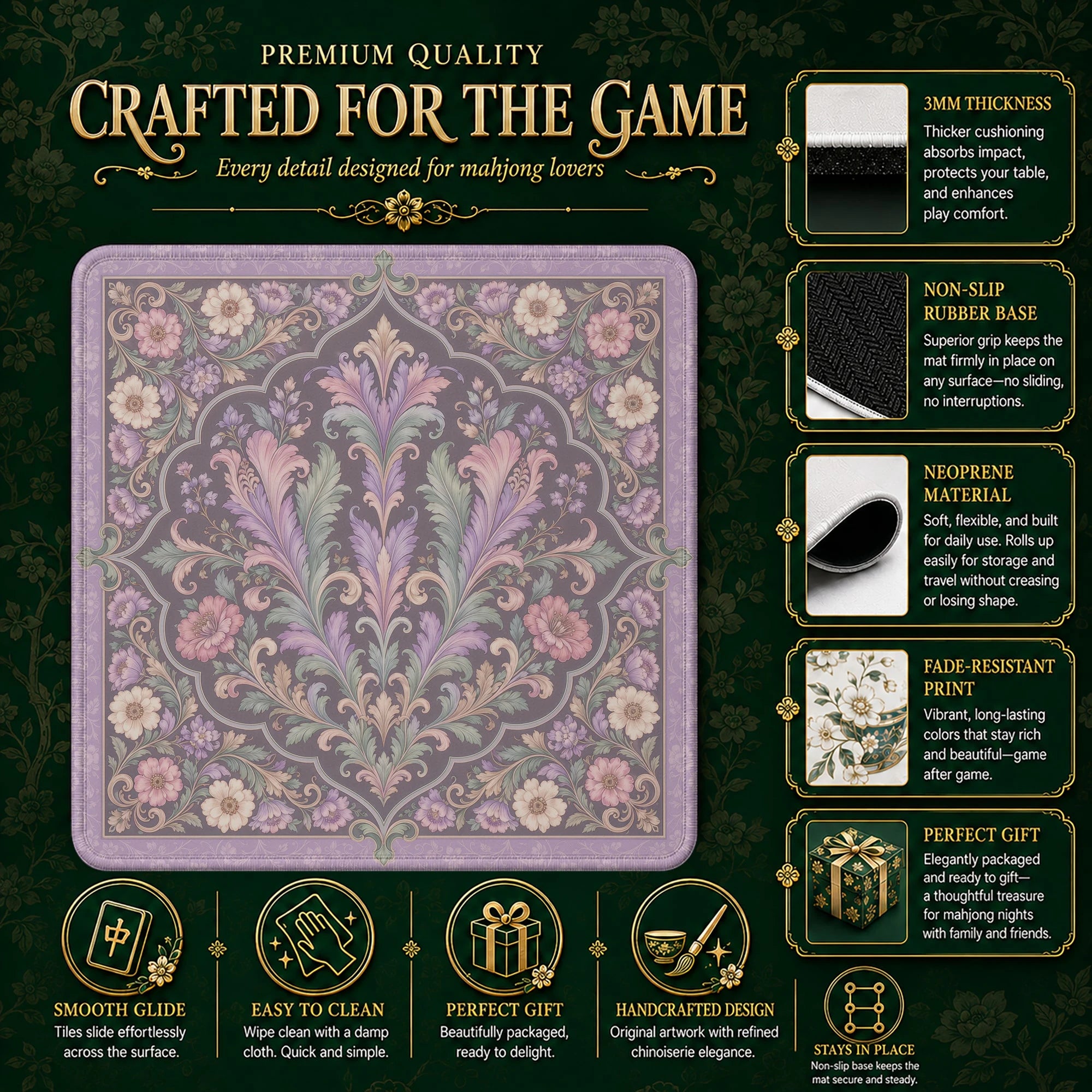 Lilac Damask Mahjong Mat – neoprene mah jongg table mat