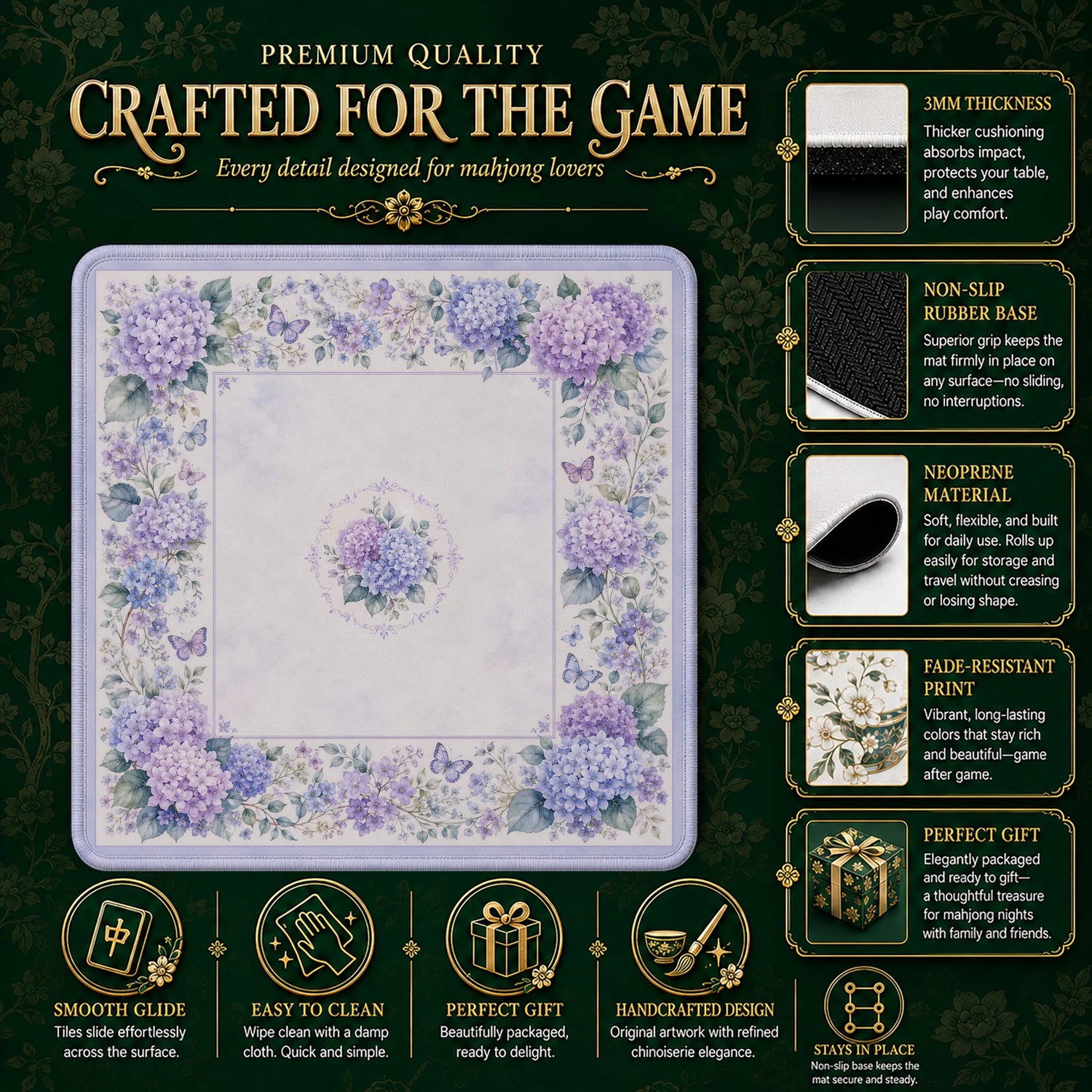 Lilac Hydrangea Butterfly Mahjong Mat - Mahjong