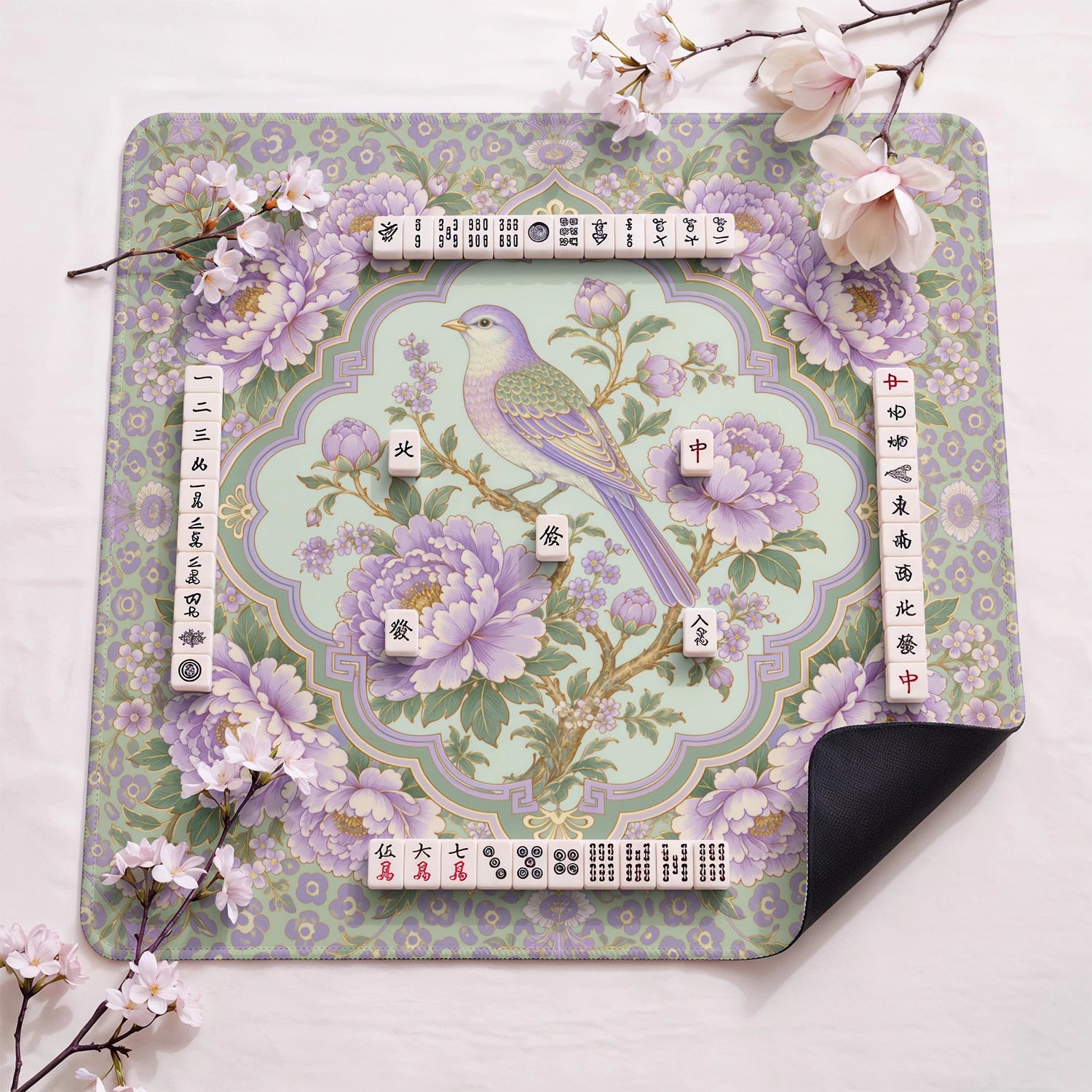 Lilac Peony design close-up on mahjong mat surface