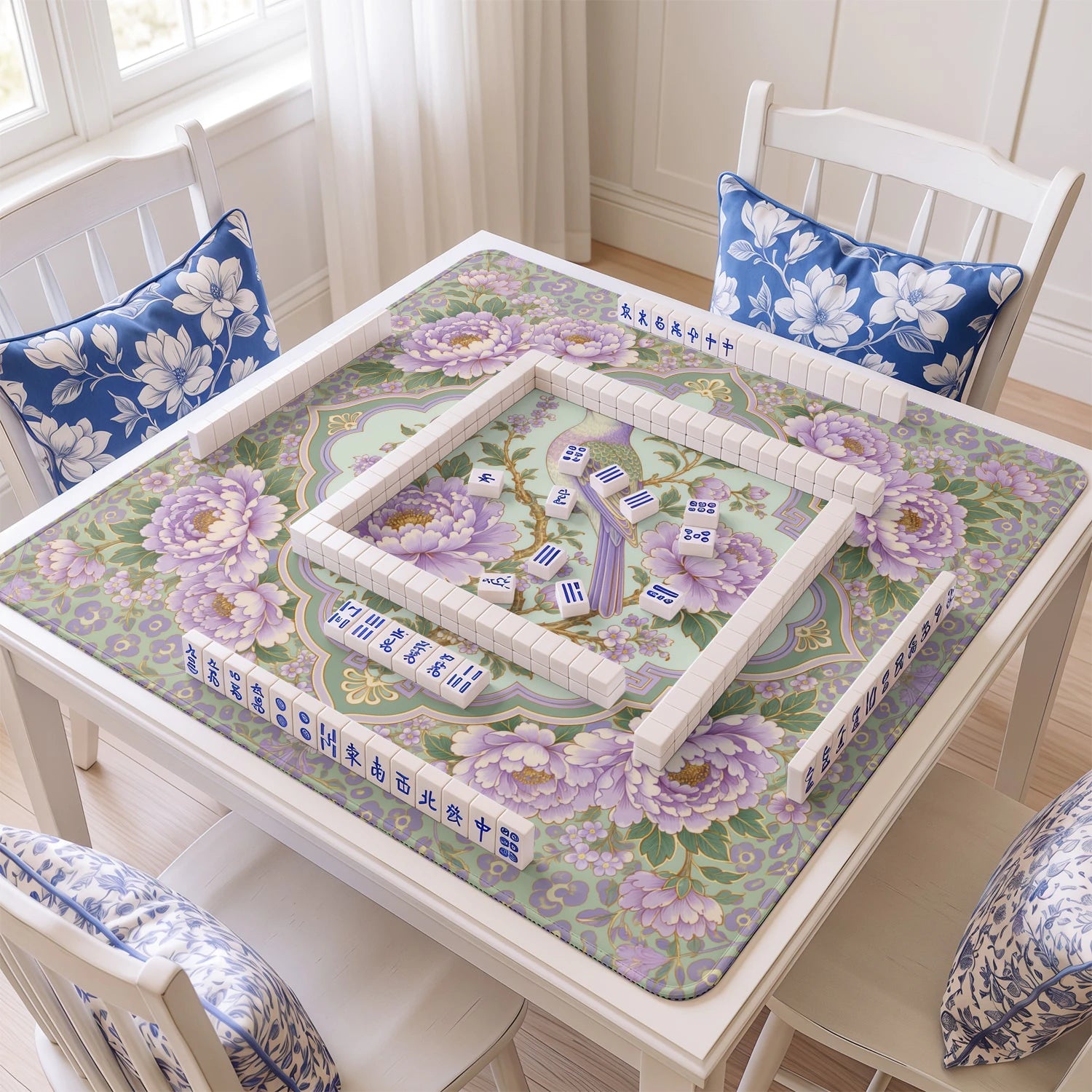 Lilac Peony mahjong mat with tiles and racks on the table