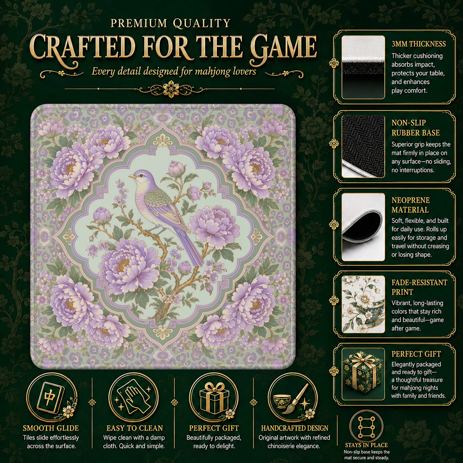 Lilac Peony Mahjong Mat – neoprene mah jongg table mat