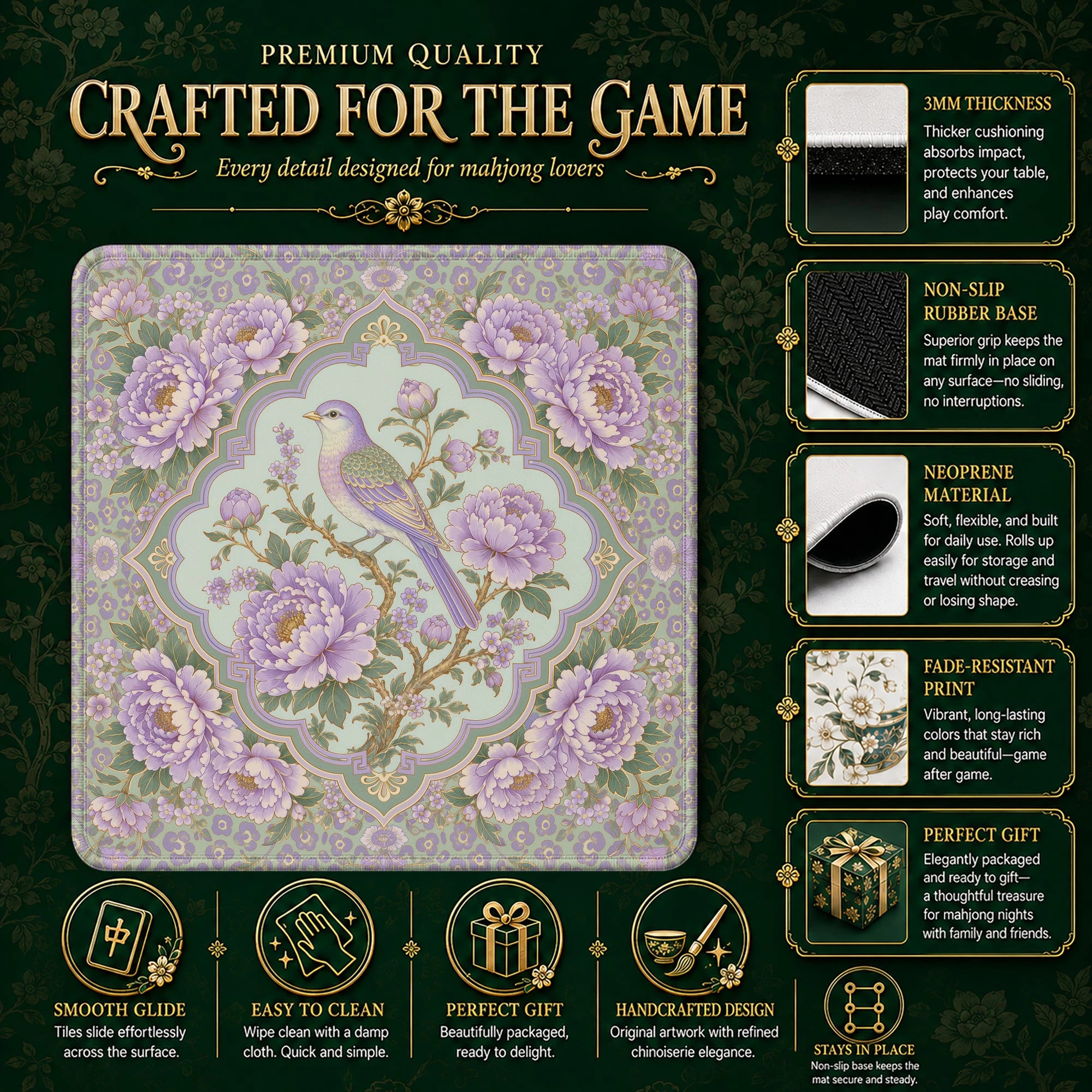 Lilac Peony Mahjong Mat – neoprene mah jongg table mat