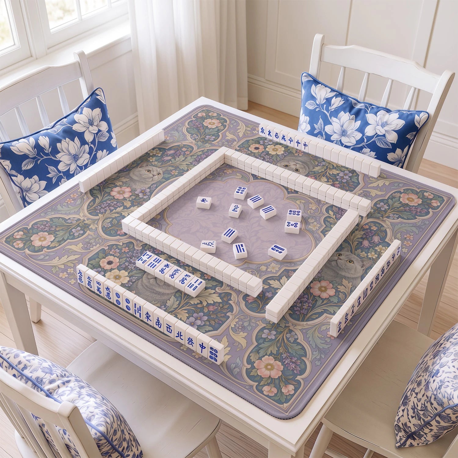 Lilac Shorthair mahjong mat with tiles and racks on the table