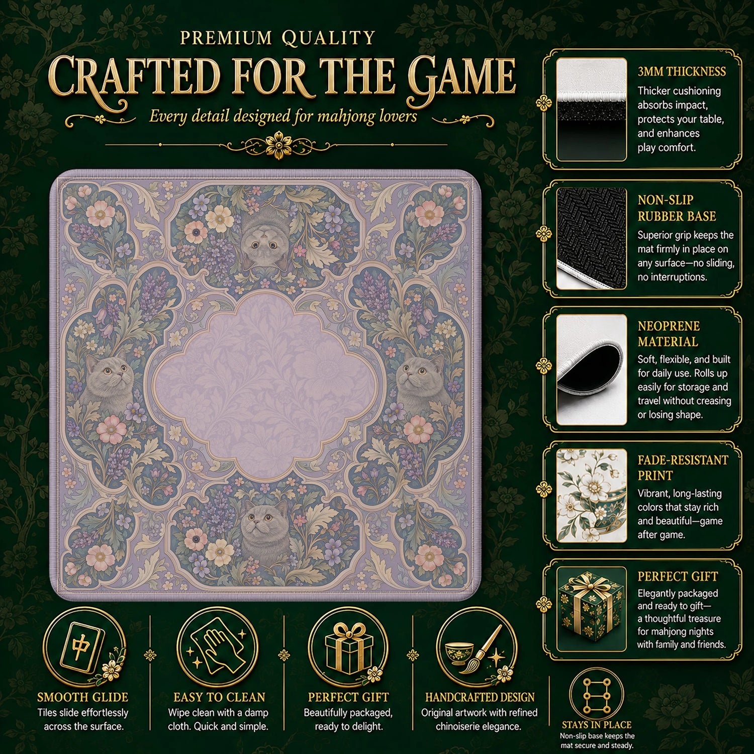 Lilac Shorthair Mahjong Mat – neoprene mah jongg table mat