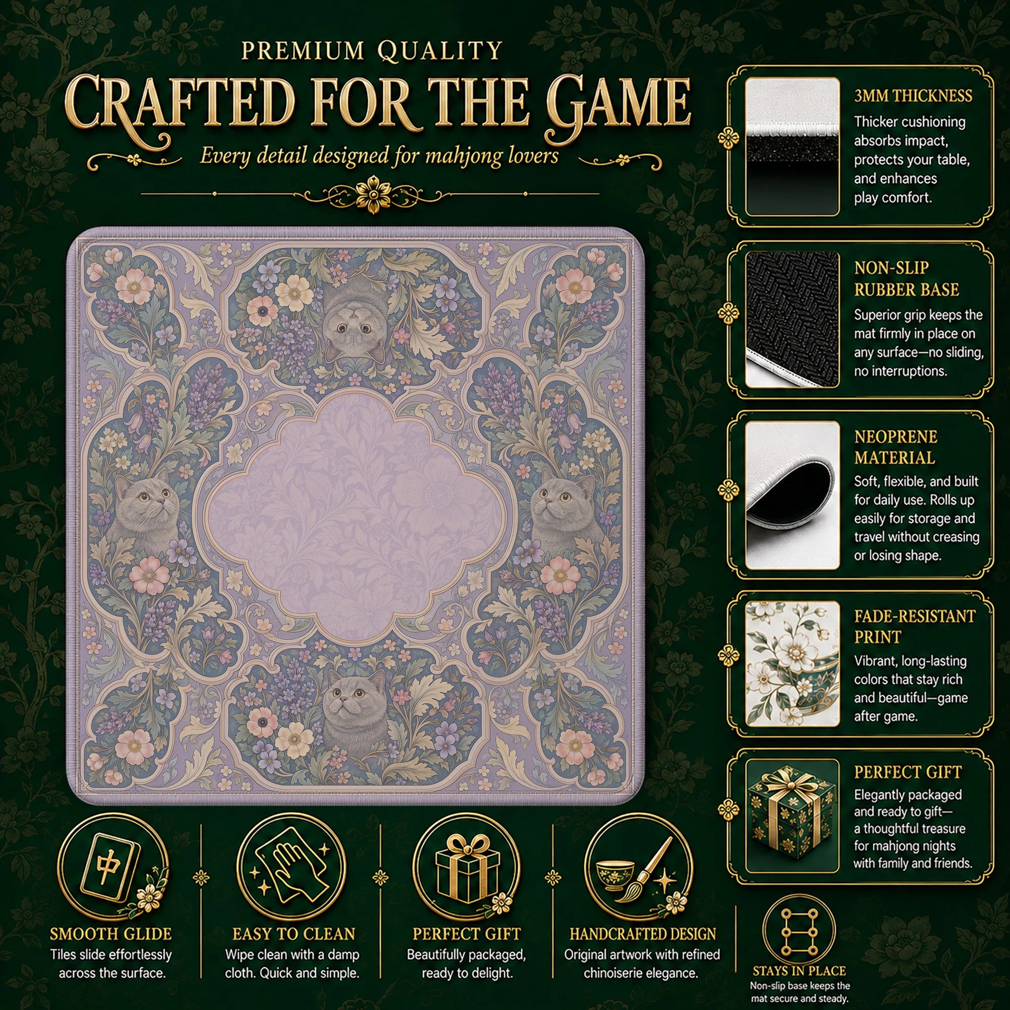 Lilac Shorthair Mahjong Mat – neoprene mah jongg table mat