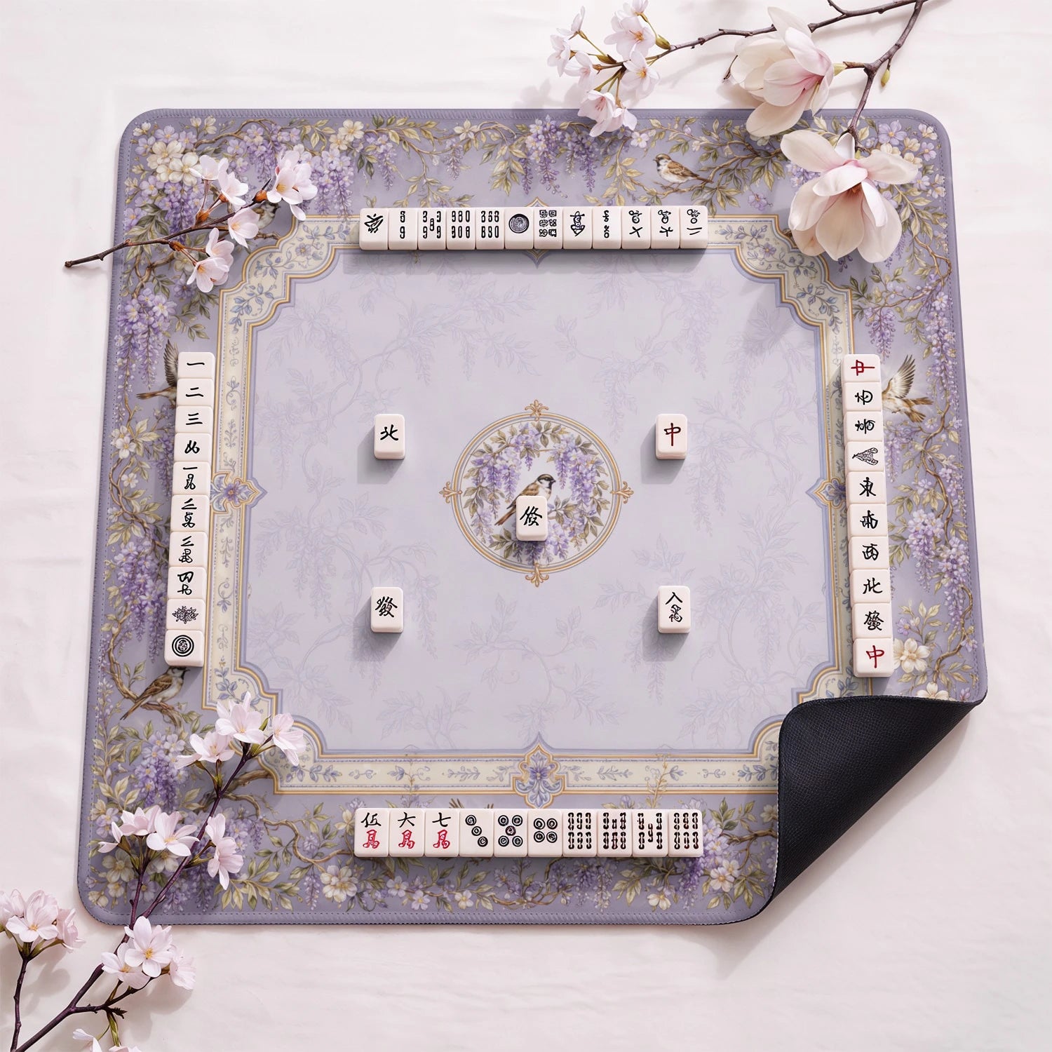Lilac Sparrow design close-up on mahjong mat surface