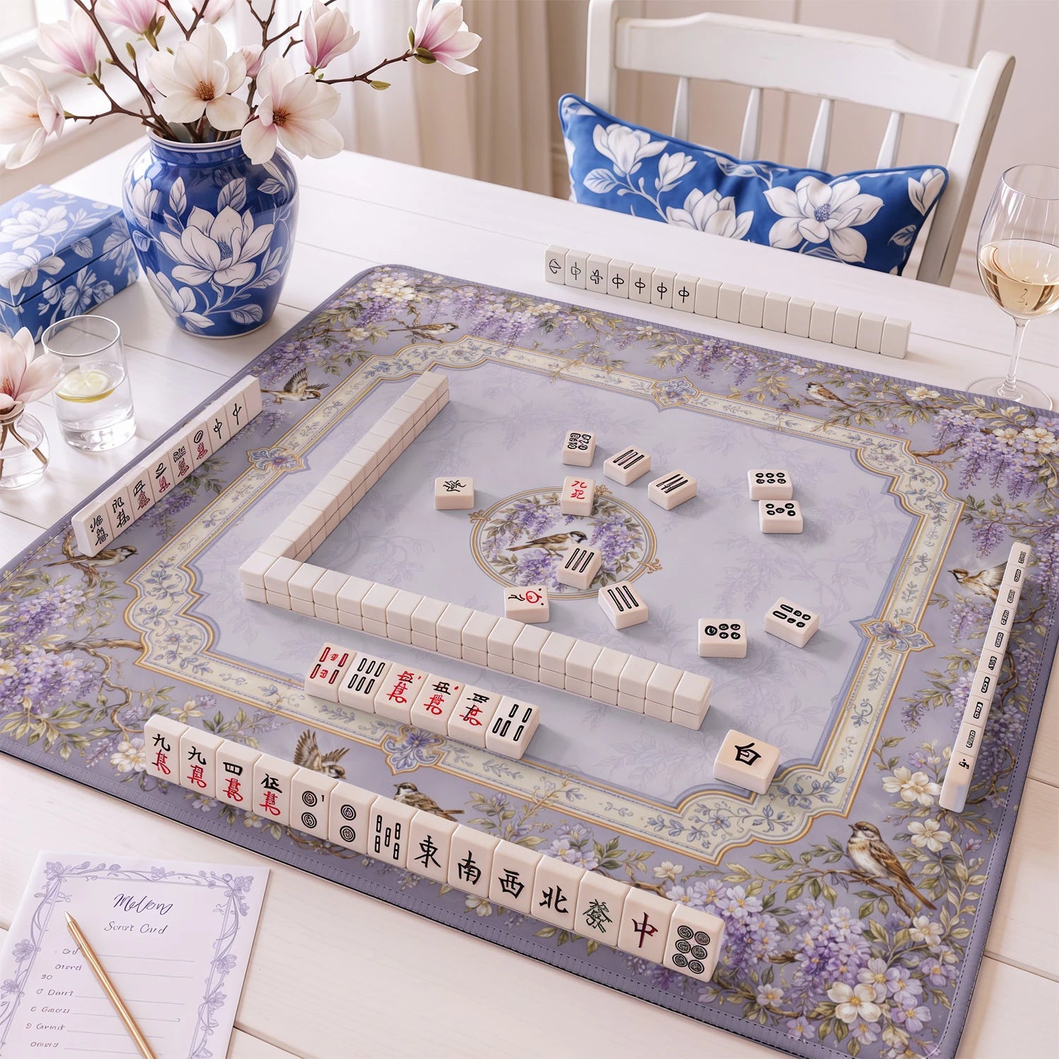 Lilac Sparrow mahjong mat – M (60x60 cm) and L (81x81 cm) sizes