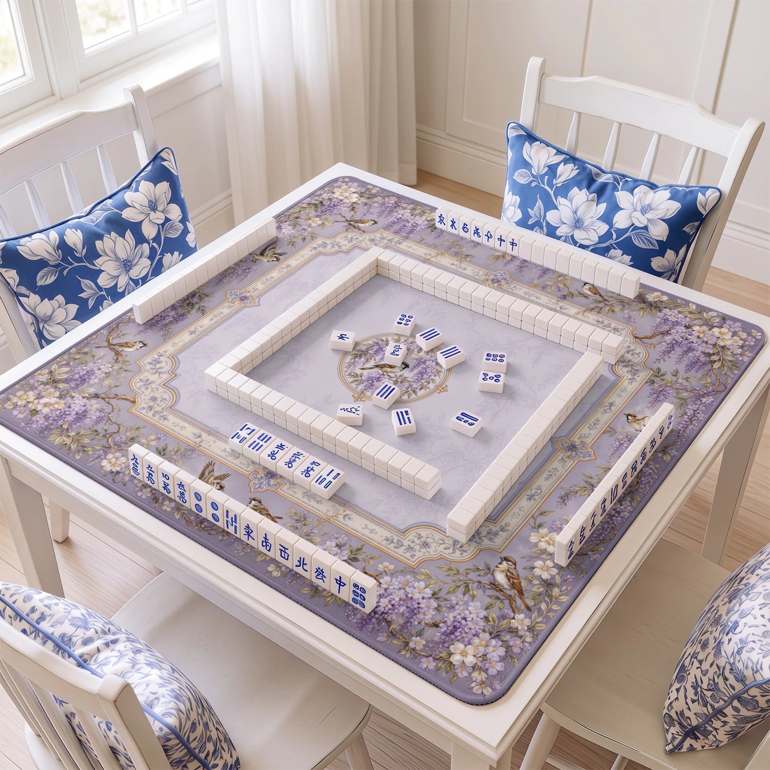 Lilac Sparrow mahjong mat with tiles and racks on the table