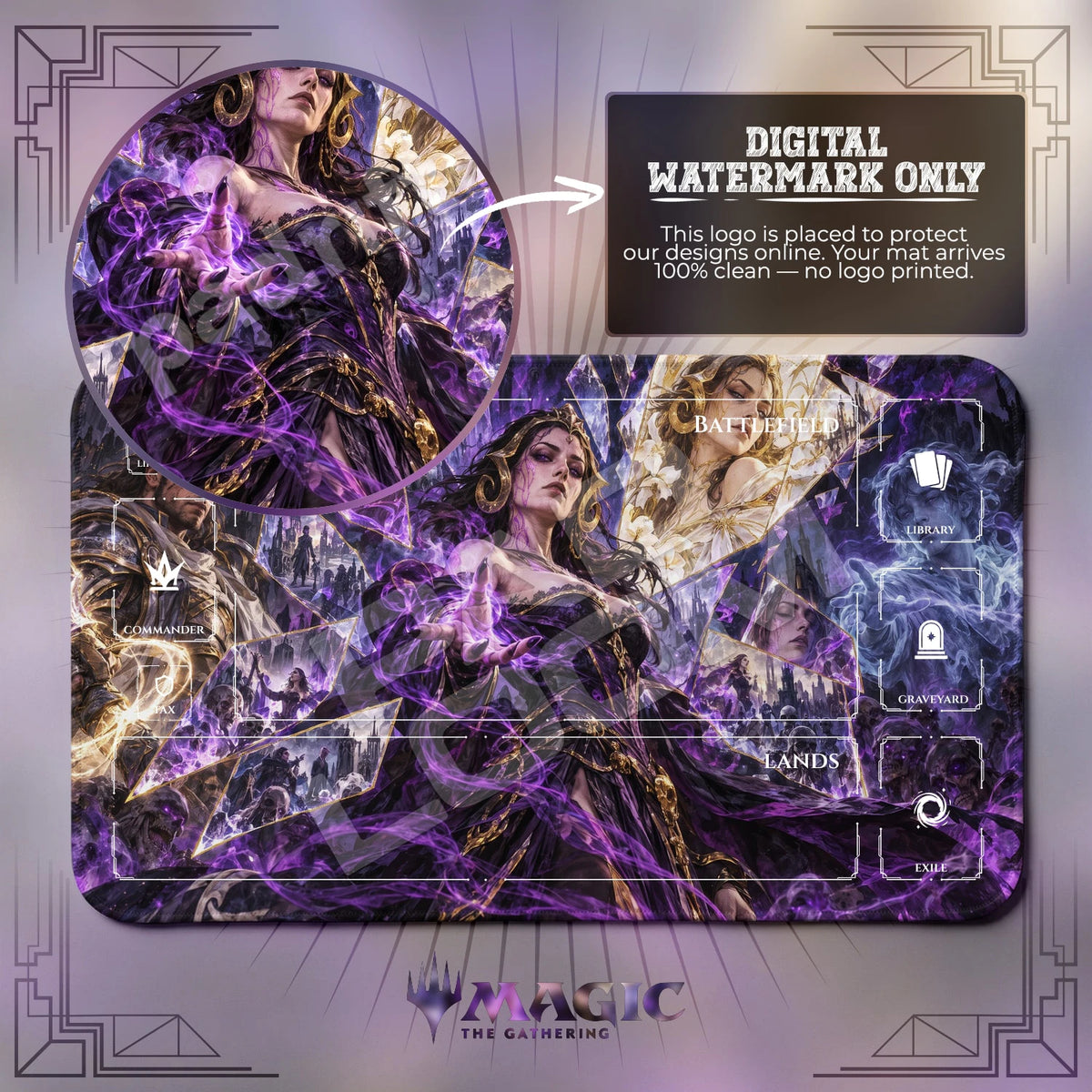 Liliana Shattered MTG playmat with zones; the Padloom watermark is digital only, not printed