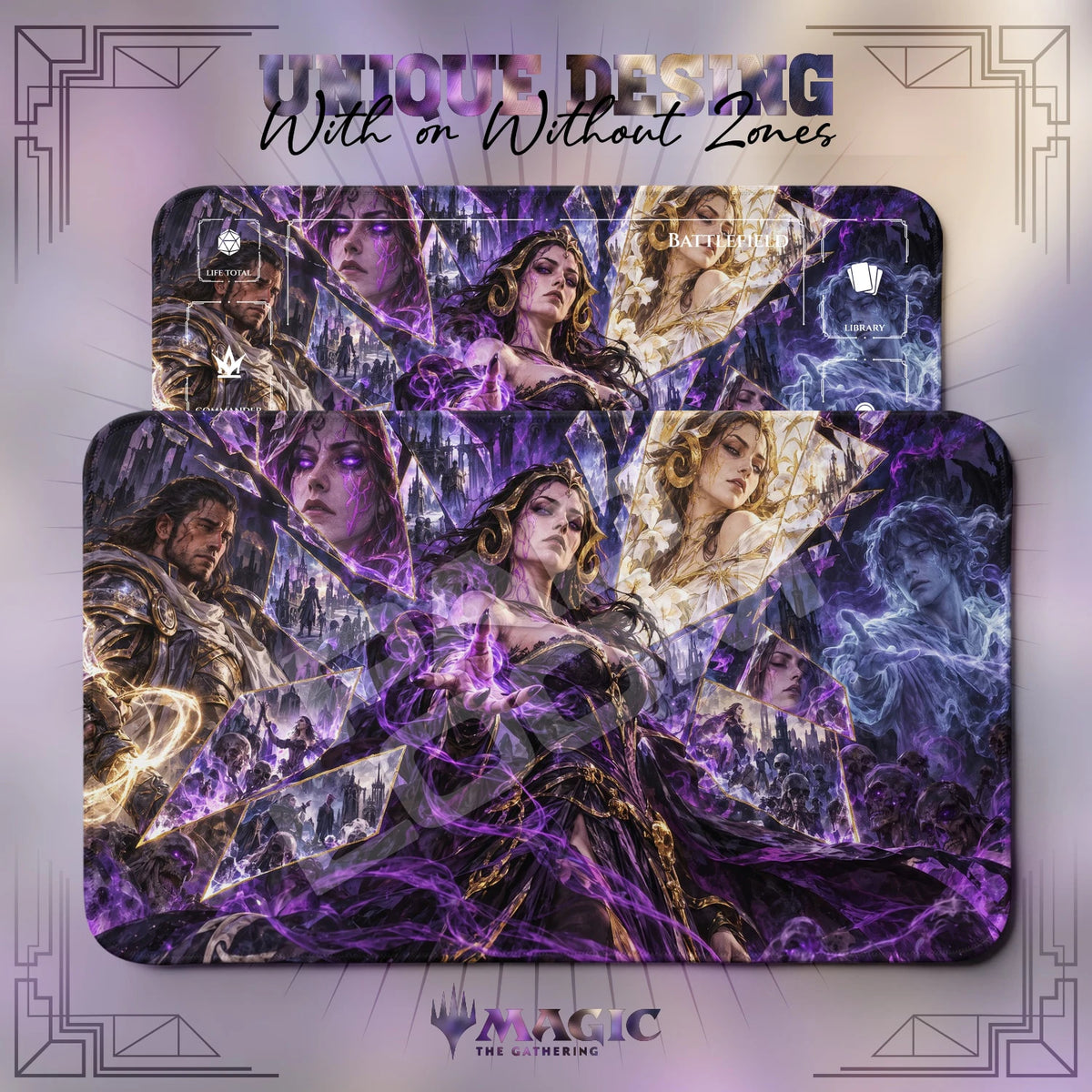 Liliana Shattered MTG playmat shown with zones and without zones