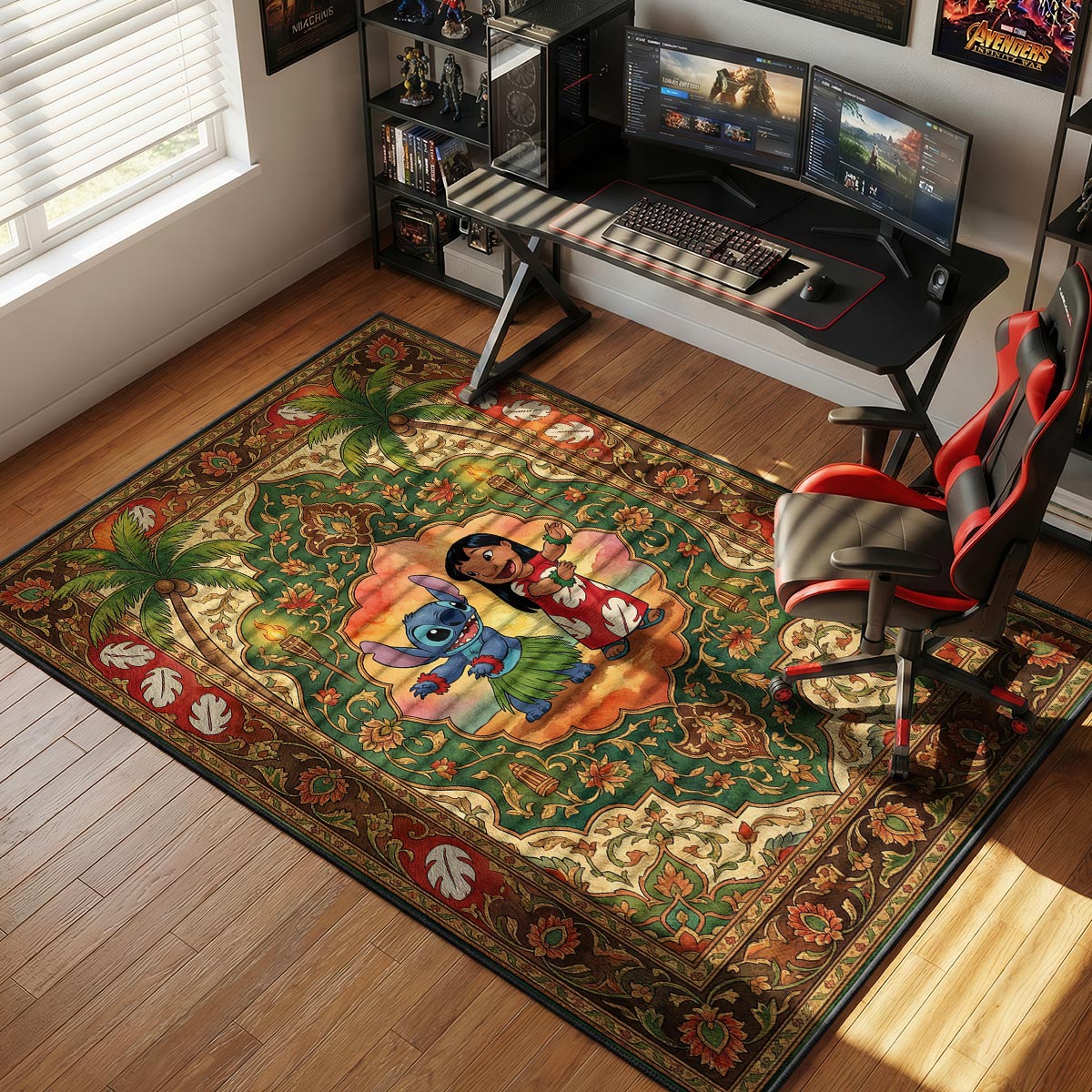 Lilo and Stitch hula rug in a warm living room with brown leather sofa and tropical plants
