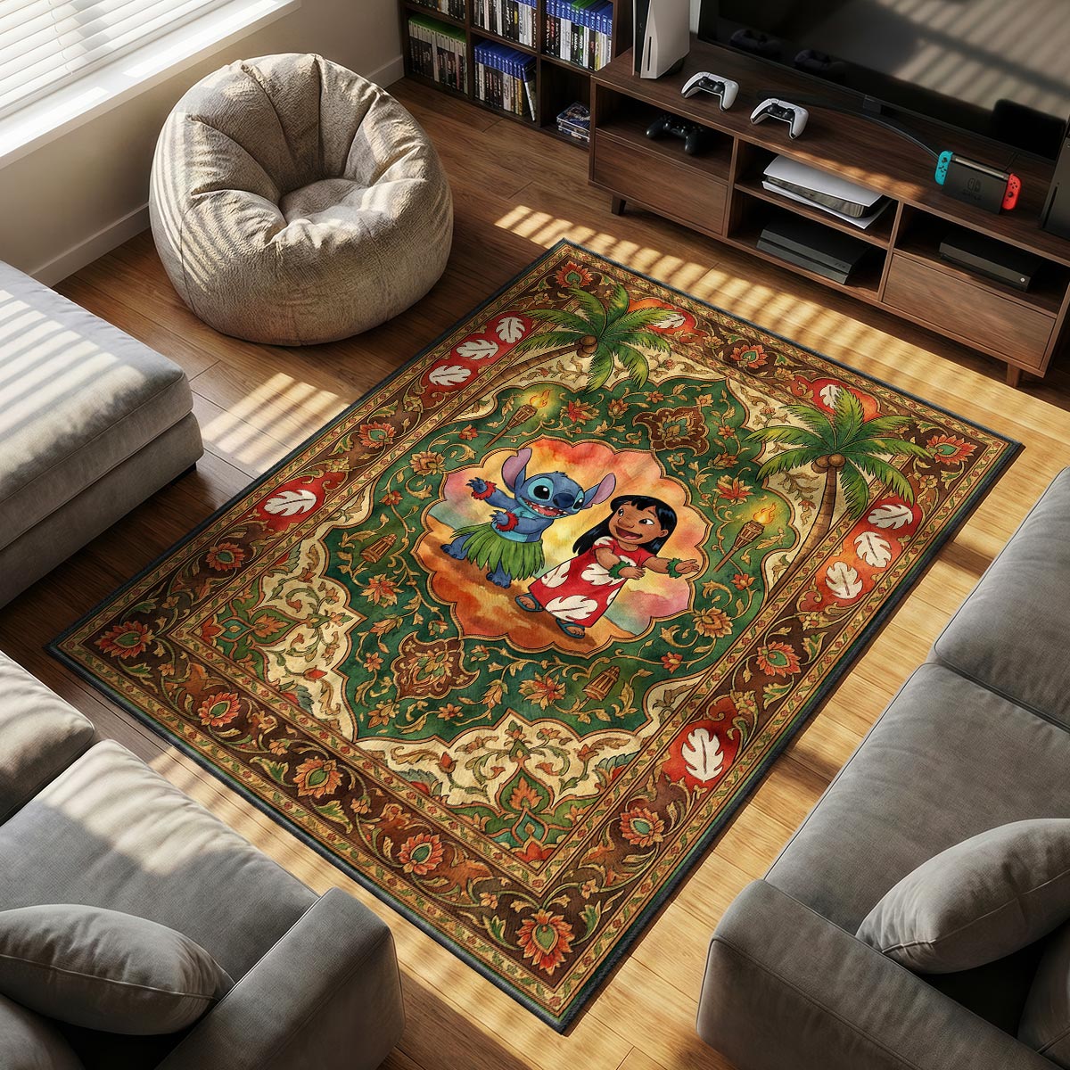 Close-up of Lilo and Stitch hula area rug showing tiki torch detail and green velvet texture