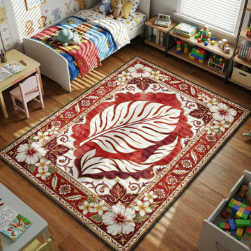 Lilo leaf pattern Lilo and Stitch area rug with hibiscus flowers on crimson cream tapestry