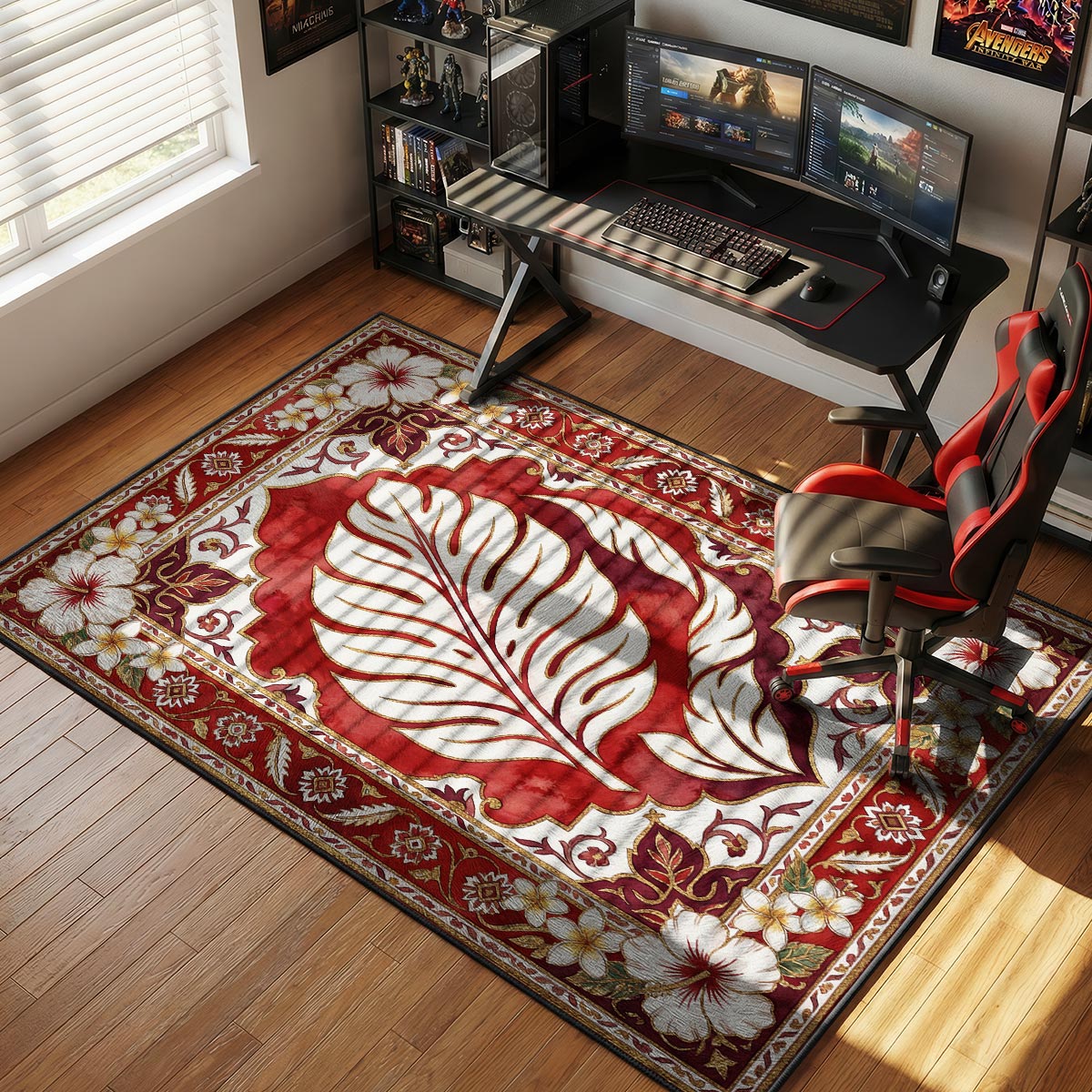 Lilo leaf pattern rug placed in a warm living room with dark wood coffee table and cream sofa