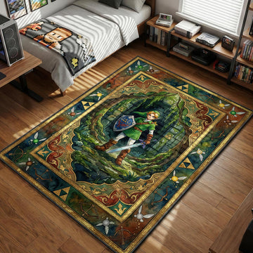 Link holding Master Sword in ornate forest dungeon frame watercolor style gaming area rug and floor mat