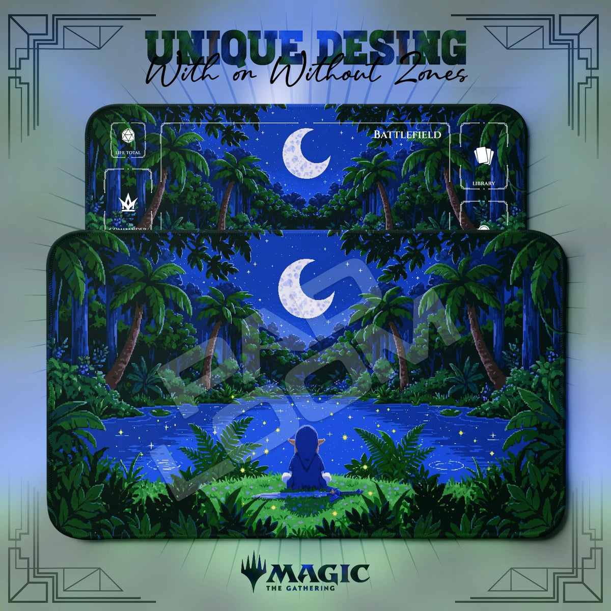 Link Pixel MTG playmat shown with zones and without zones