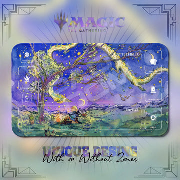 Link Starlight MTG playmat, blue and purple art with play zones, 24 x 14 in