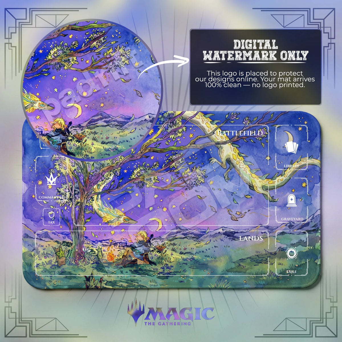 Link Starlight MTG playmat with zones; the Padloom watermark is digital only, not printed