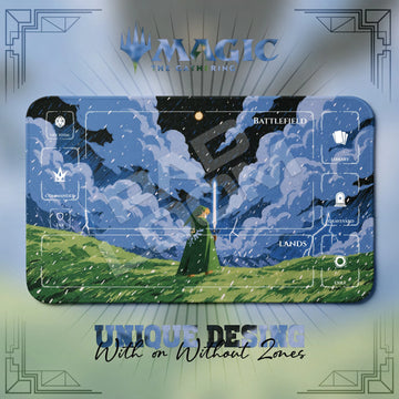 Link Storm MTG playmat, blue and green art with play zones, 24 x 14 in