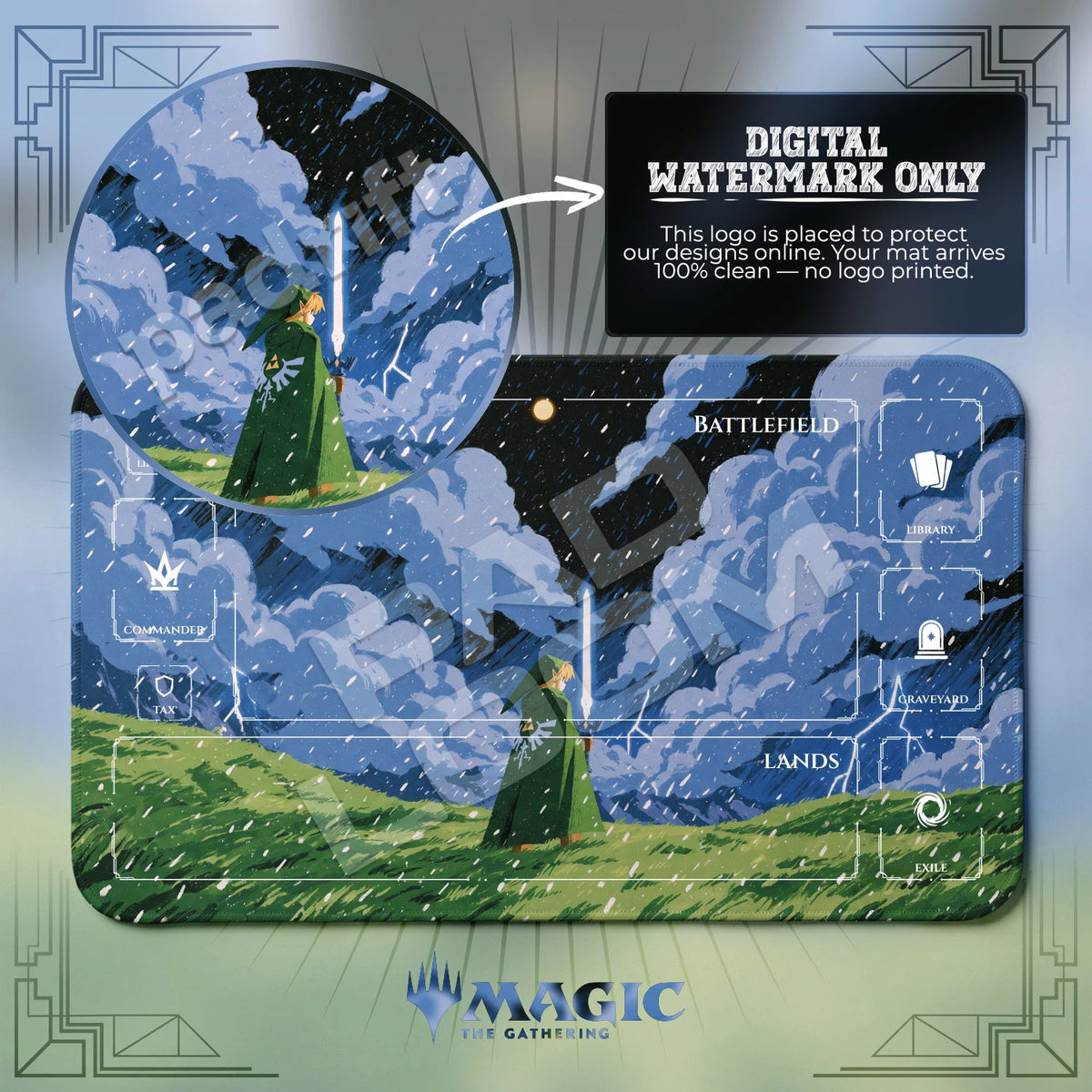 Link Storm MTG playmat with zones; the Padloom watermark is digital only, not printed