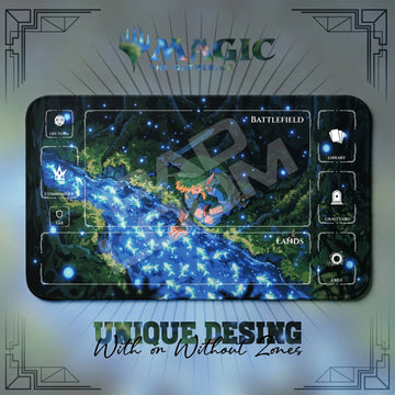 Link Stream MTG playmat, blue and navy art with play zones, 24 x 14 in