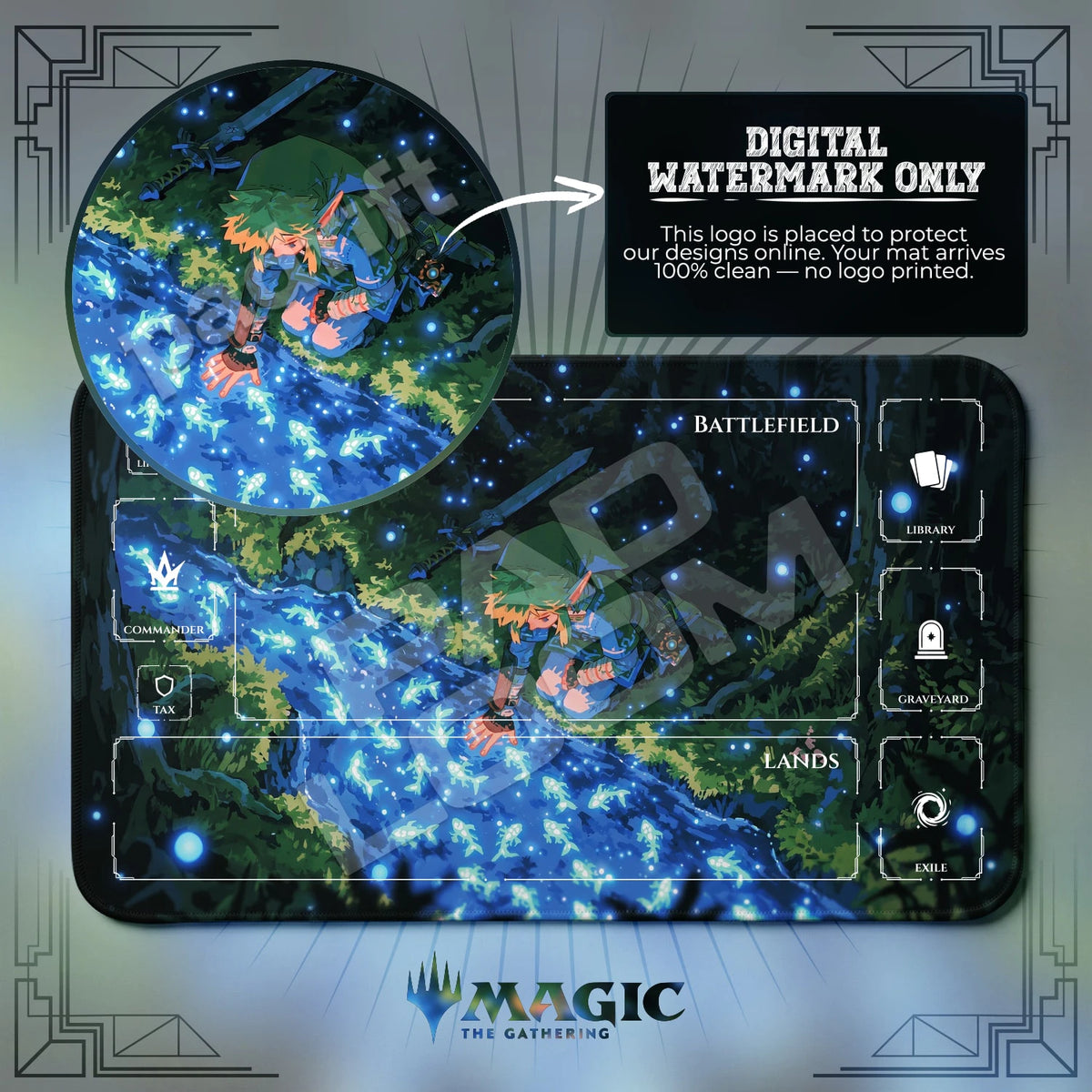 Link Stream MTG playmat with zones; the Padloom watermark is digital only, not printed