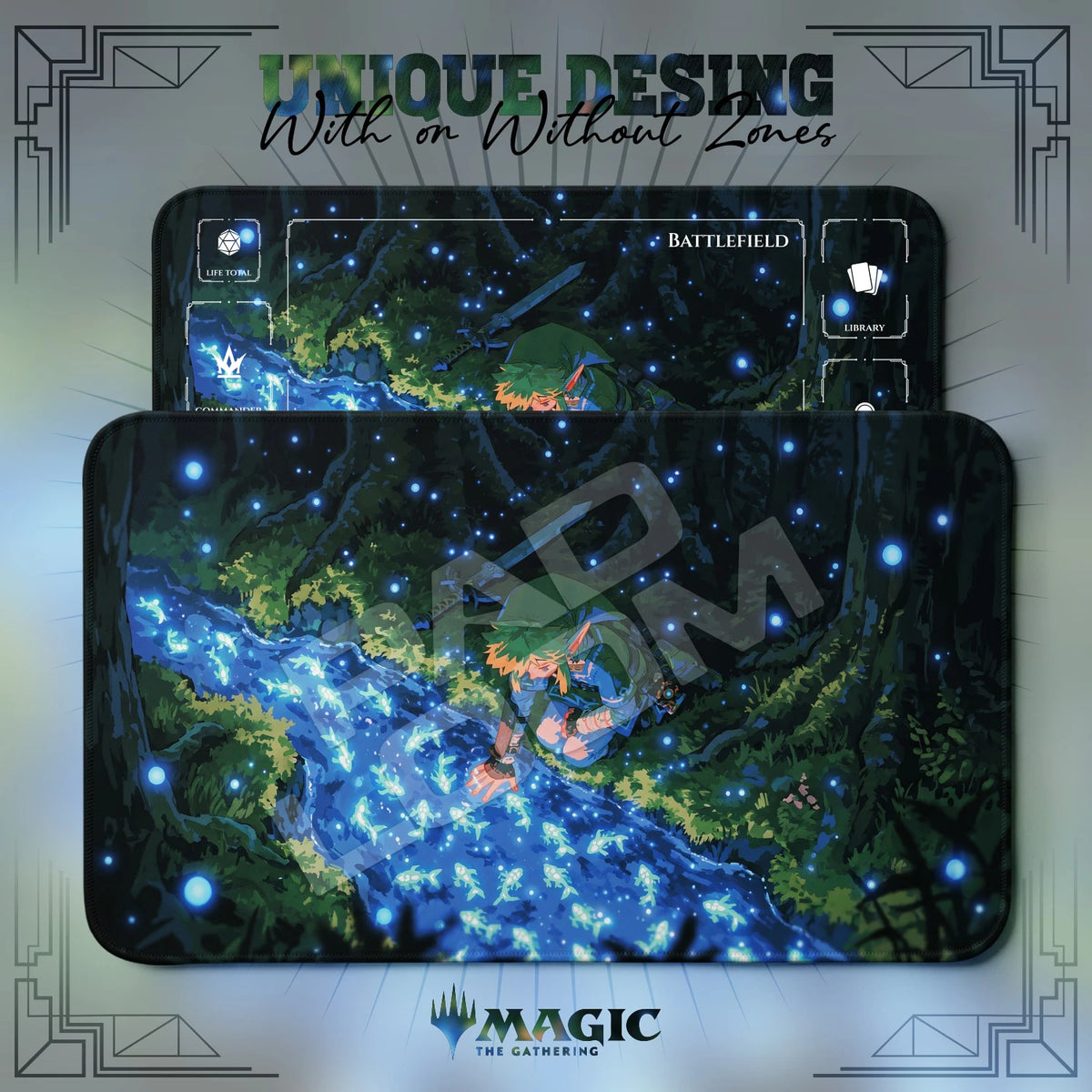 Link Stream MTG playmat shown with zones and without zones