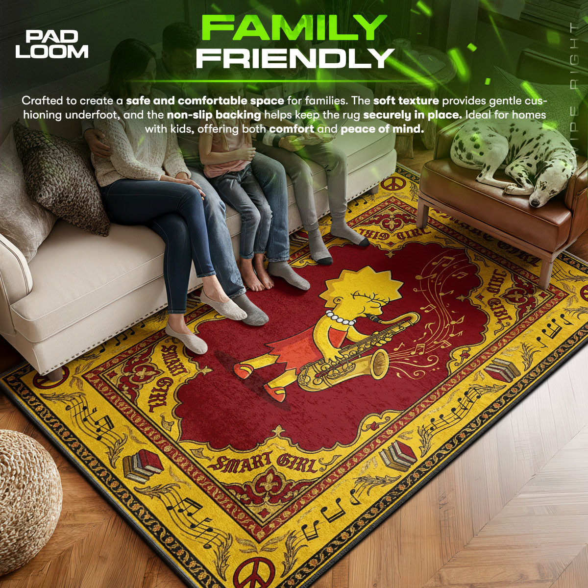 Lisa area rug showing full home decor artwork