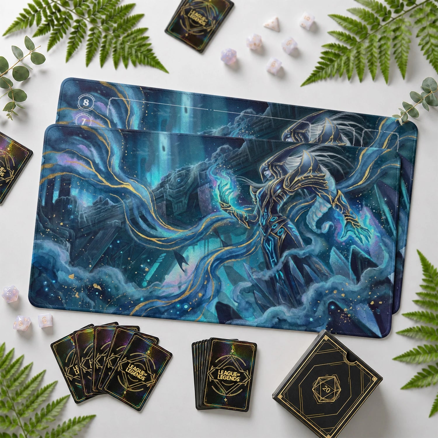 Lissandra Frost Riftbound TCG playmat with card zones and score track – LoL game mat